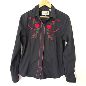 Vtg Roper Denver Western Black Embroidered Rose Snap Shirt Long Sleeve W size L